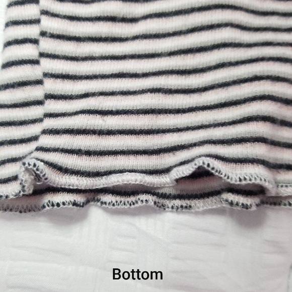 Small, light pink, light grey, white and black ruffly top. - Picture 8 of 9